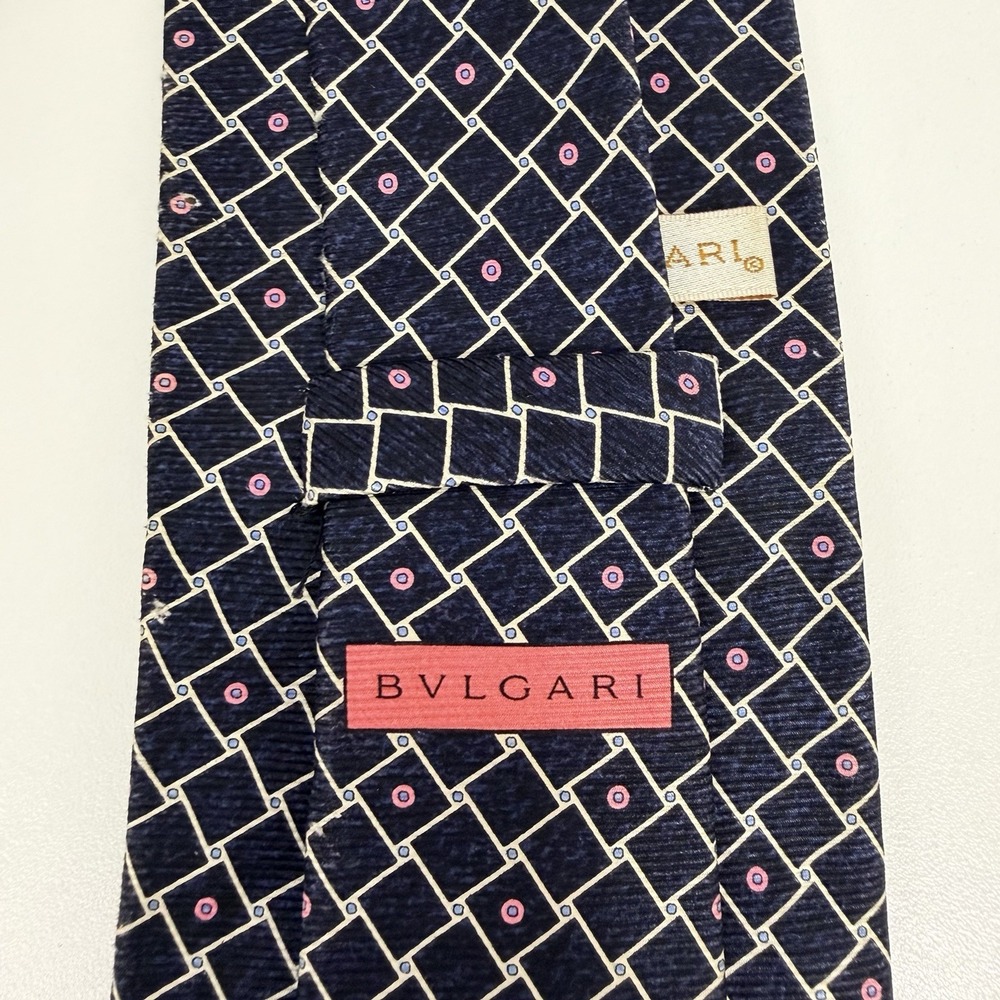 Bvlgari x David Pizzigoni Seven 7-Fold Tie Navy/Pink Geometric Silk 3.75" x 58"